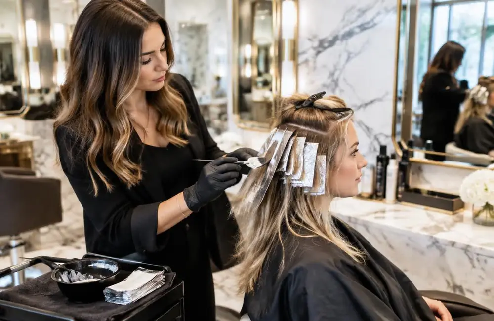 Hairstylist styling a client's hair in a modern salon
